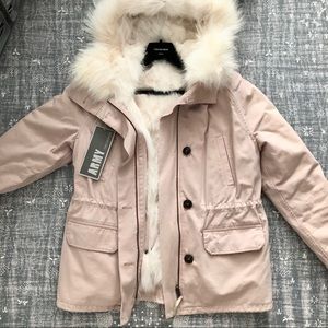 Yves Salomon Army Short Parka in Peach/Pearl Pink